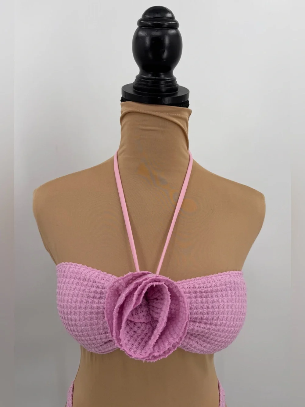 Pink Rosette flower 3 Piece bikini set cover up skirt Textured S vacation resort